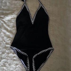 Black one-piece halter swimsuit